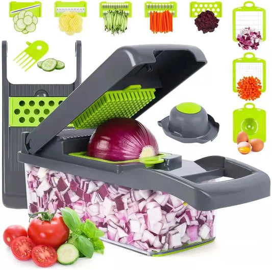16-In-1 Multifunctional Vegetable Chopper & Slicer With Colander Basket And Storage Container – Heavy-Duty Food Cutter & Dicer For Onion, Potato, Carrot, Garlic